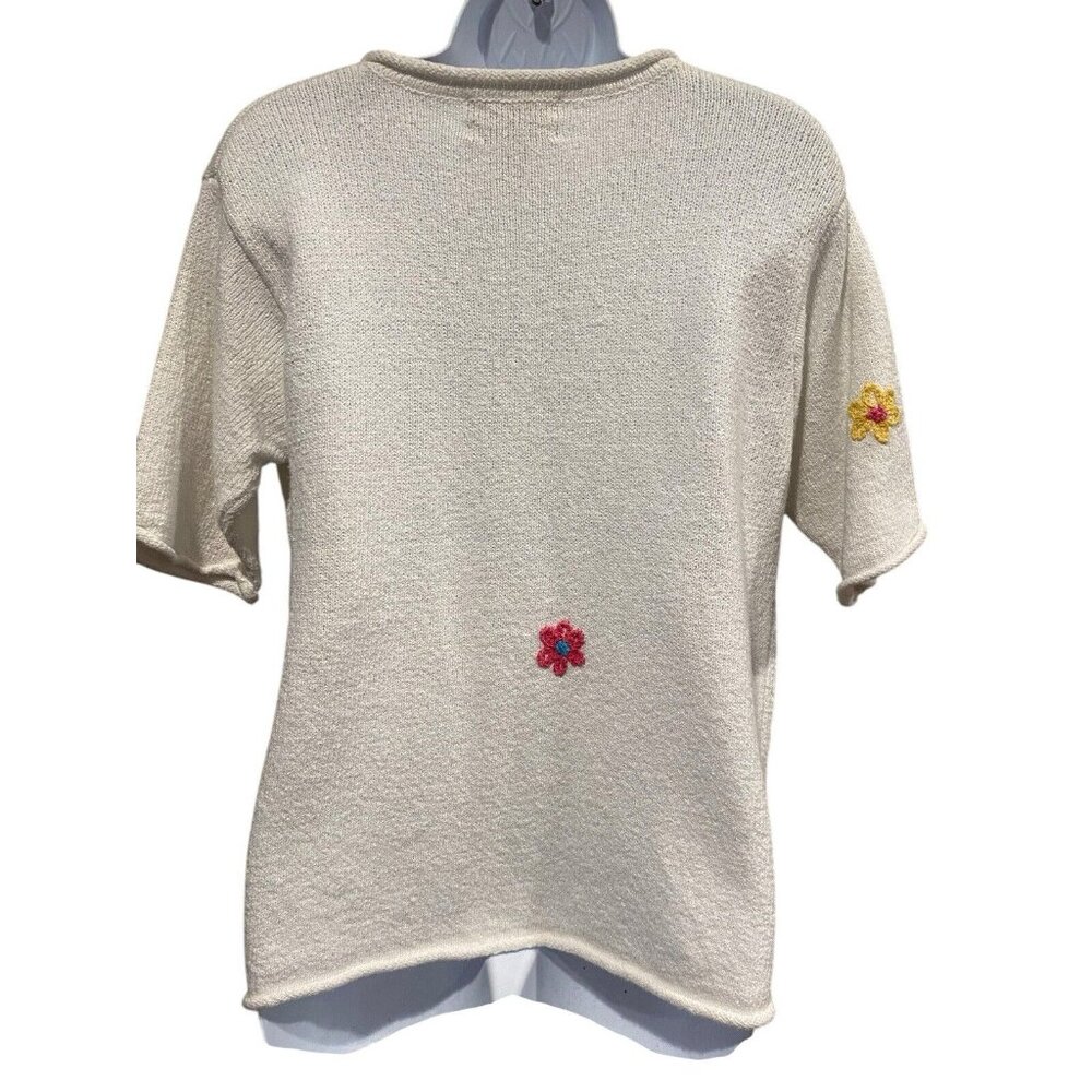Northern Isles Hand Embroidered Sweater Pullover Short Sleeve White Stretch - Picture 2 of 9